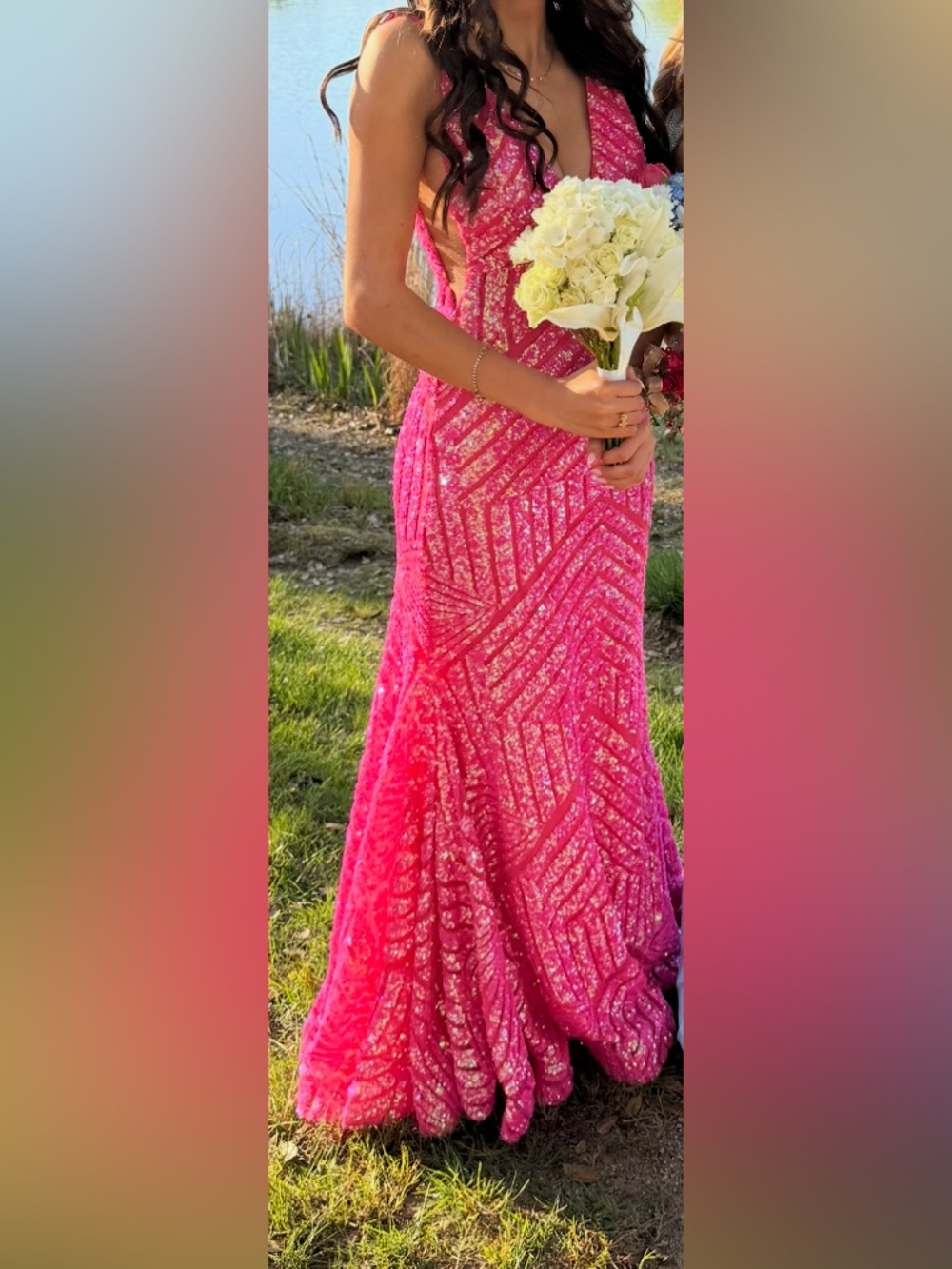 Jovani Low V Neck Hot Pink Sequin Mermaid Prom Dress Size 0
